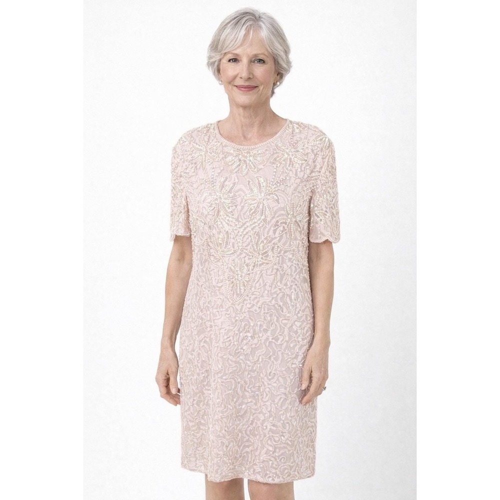 Vintage LAWERENCE KAZAR LADIES FANCY BEADED SEQUIN PALE‎ PINK MIDI DRESS SIZE XL